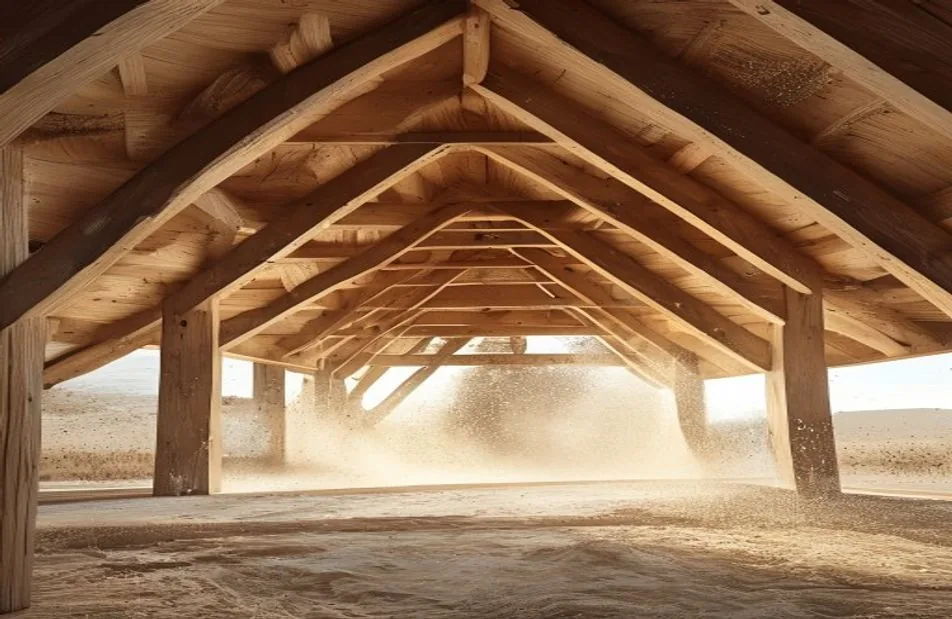 Blick in einen neu gebauten Holz-Dachstuhl mit Sparren gegen den hellen Himmel